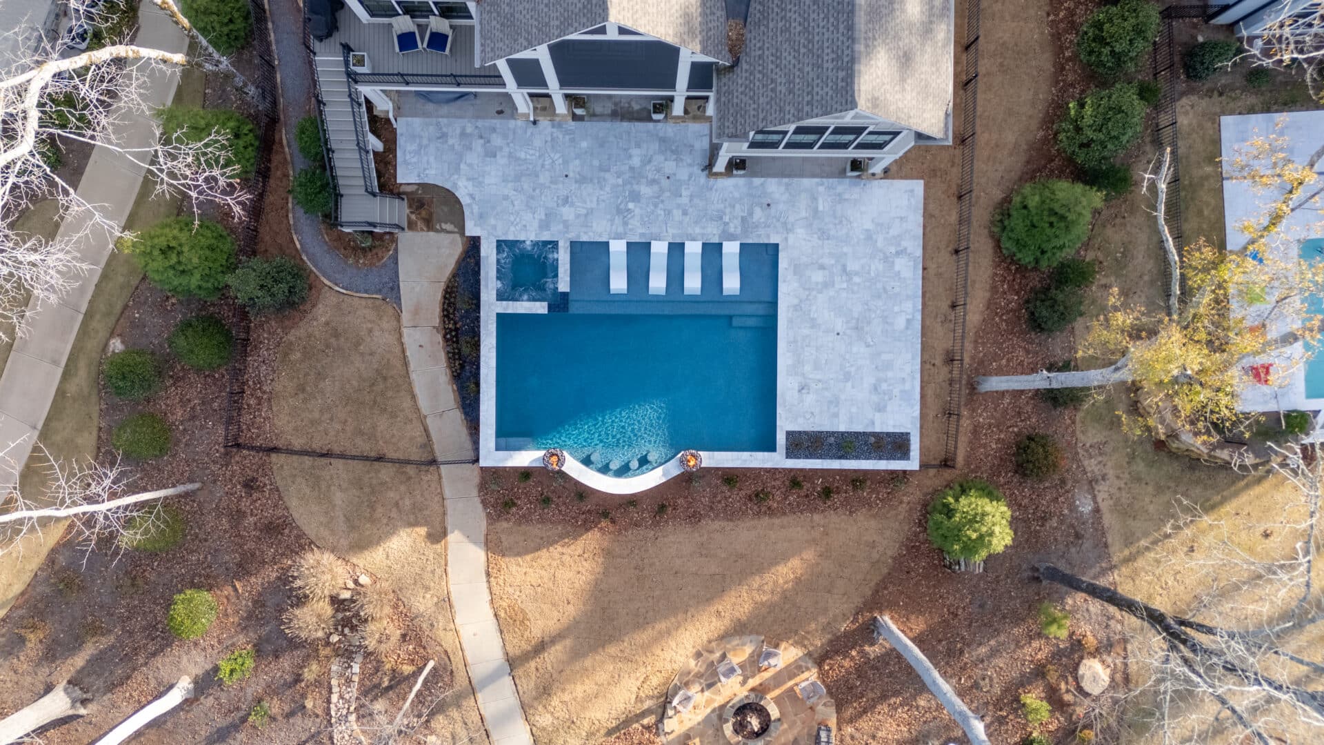 Birds eye view of a lake country pools project with hot tub